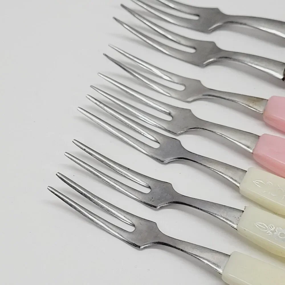 7 Vintage Mini Cocktail Appetizer Forks Stainless Wood Plastic 4